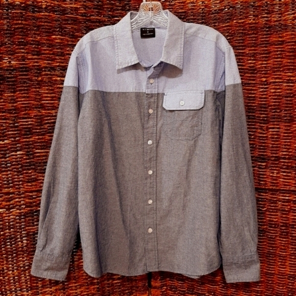 WT02 Men's Small Chambray Colorblock Denim Jean Button Down Western Shirt Cowboy - Picture 1 of 7